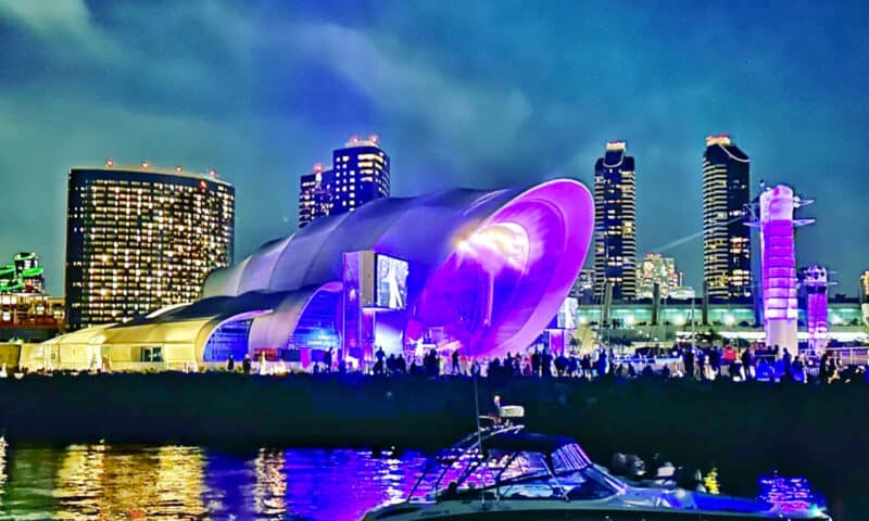 The Rady Shell at dusk, as seen from the Riviera sailboat on the San Diego Bay