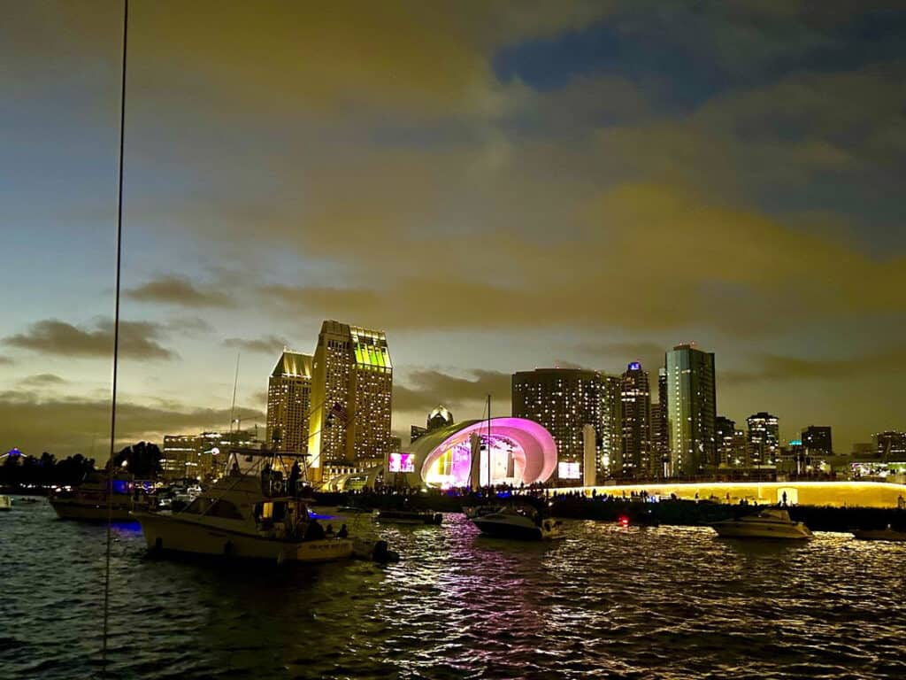 Rady Shell at dusk, as seen from the San Diego Bay