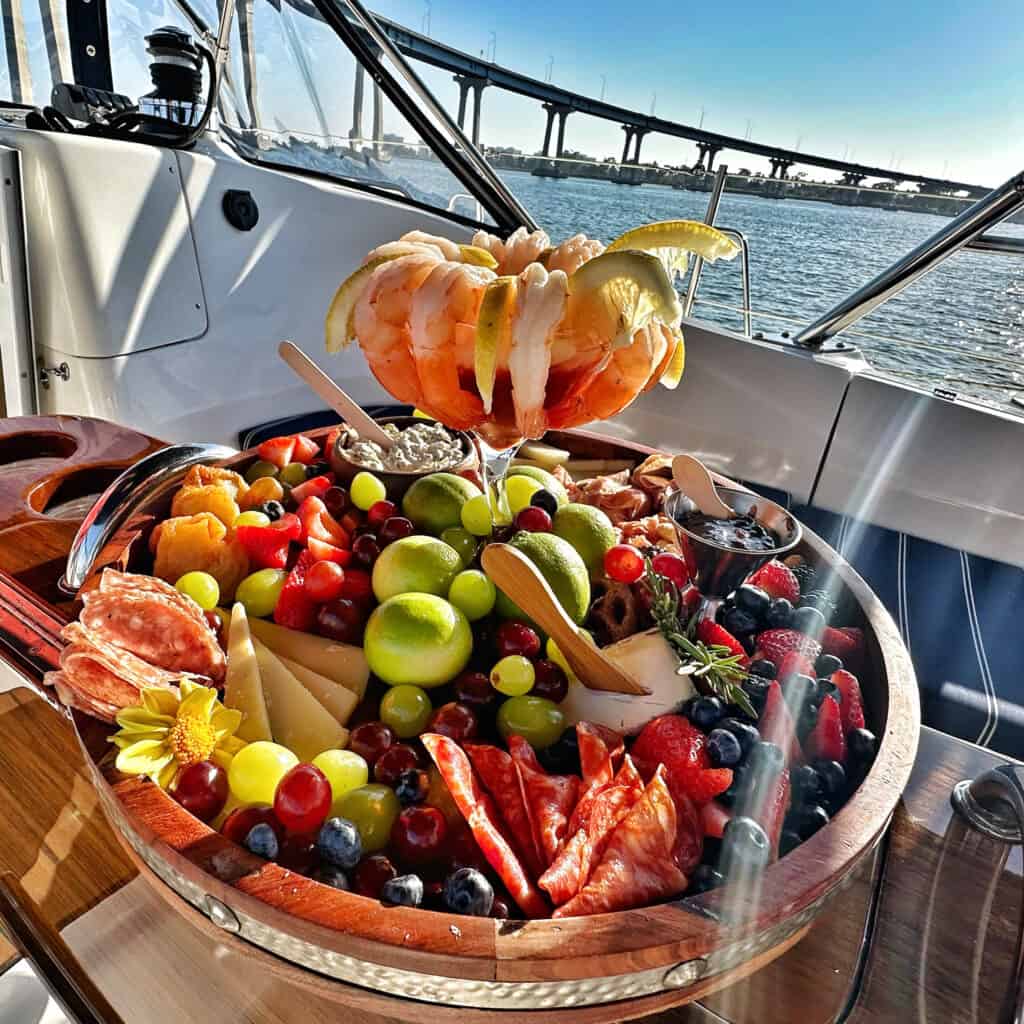 Shrimp Cocktail and fruit platter server on a boat