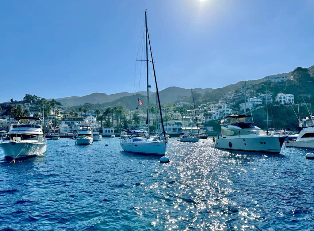 Avalon Harbor, shot from the water looking at the town of Avalon