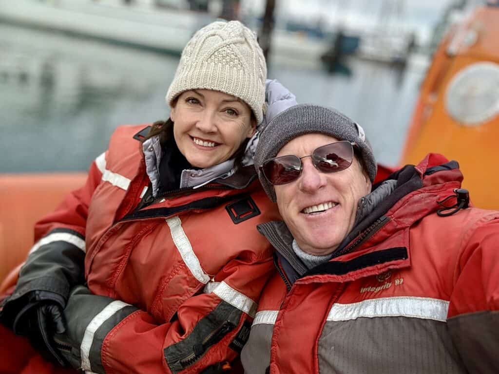 Paul and Victoria bundled up on a whale watching tour.