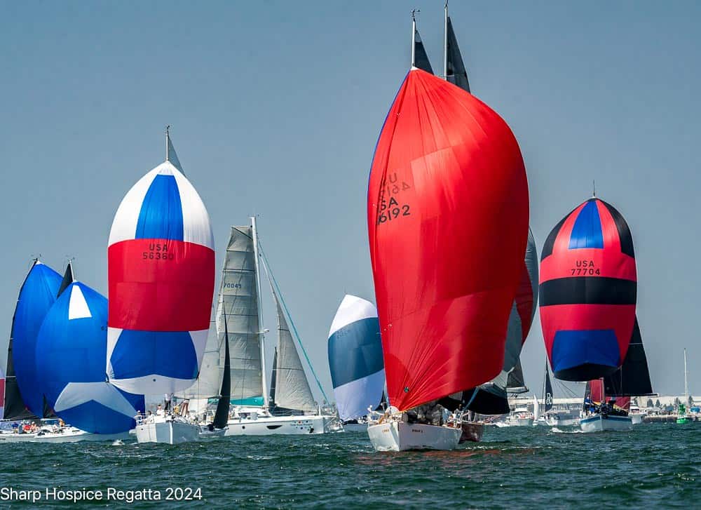 Colorful sail boats cruise along the harbor.