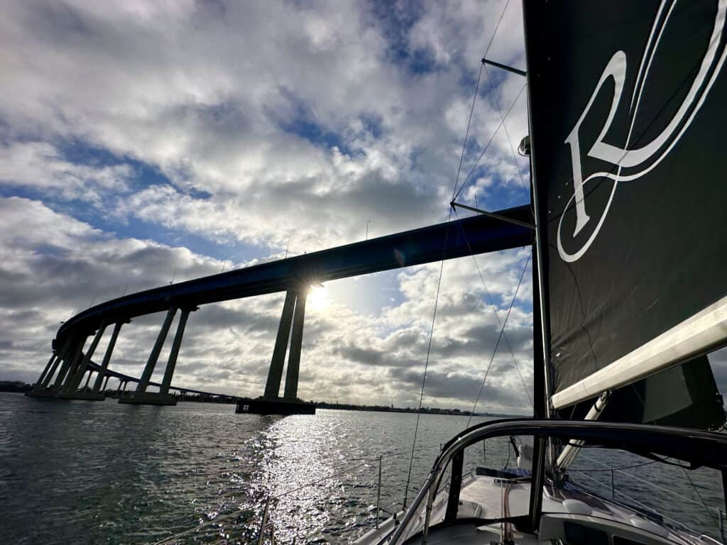 View of the Coronado bridge from the Riviera sailboat on the San Diego Bay.