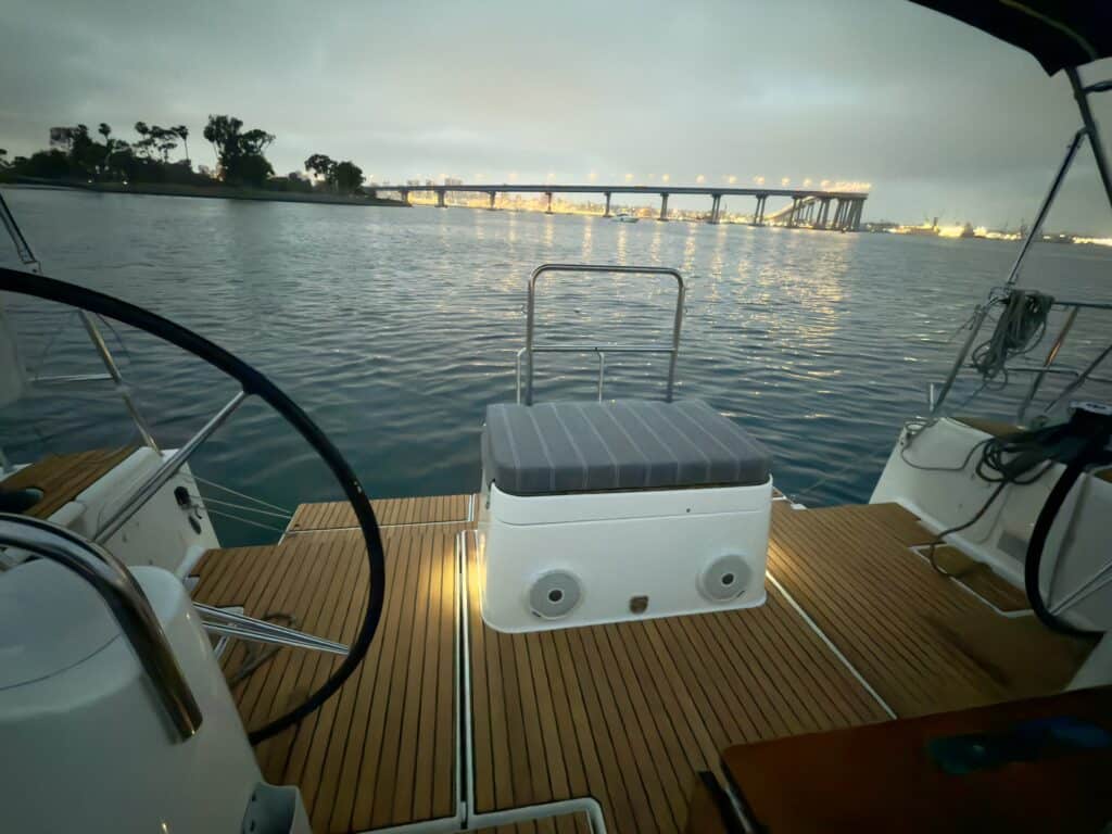Looking off the back of the Riviera sailboat, towards Glorietta Bay and the Coronado Bridge.