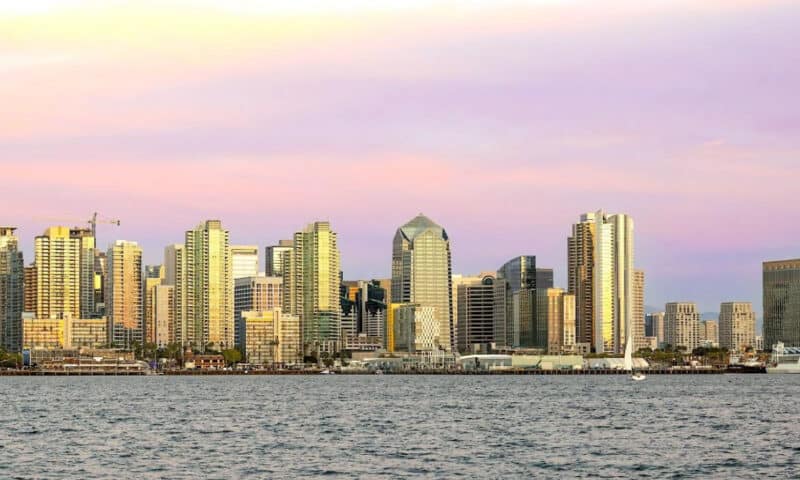 Downtown San Diego skyline at dusk, as seen from the San Diego bay.