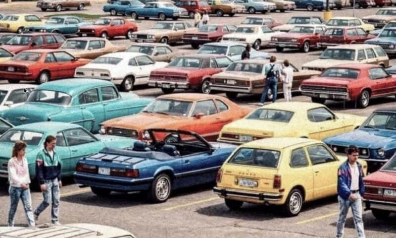 Old photo showing people walking in a parking lot full of colorful cars from the 1970s and 80s.