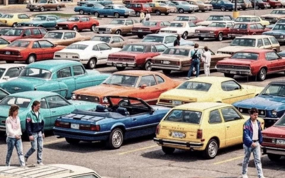 Old photo showing people walking in a parking lot full of colorful cars from the 1970s and 80s.