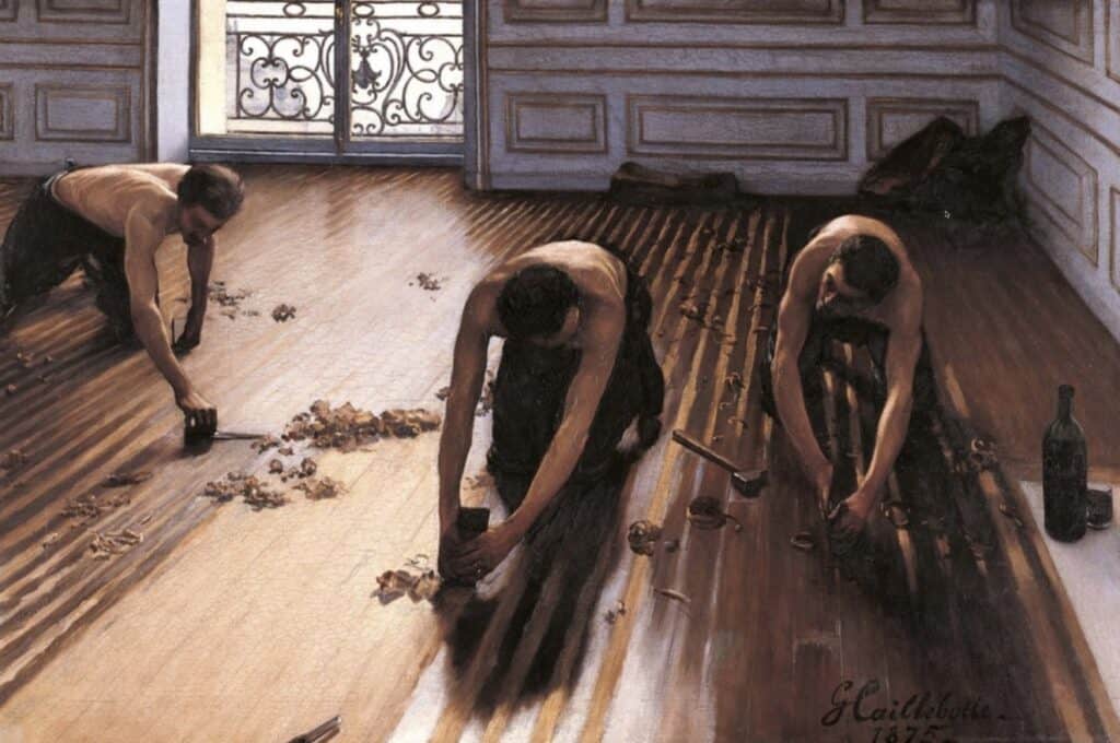 Painting of men refinishing hardwood floor.