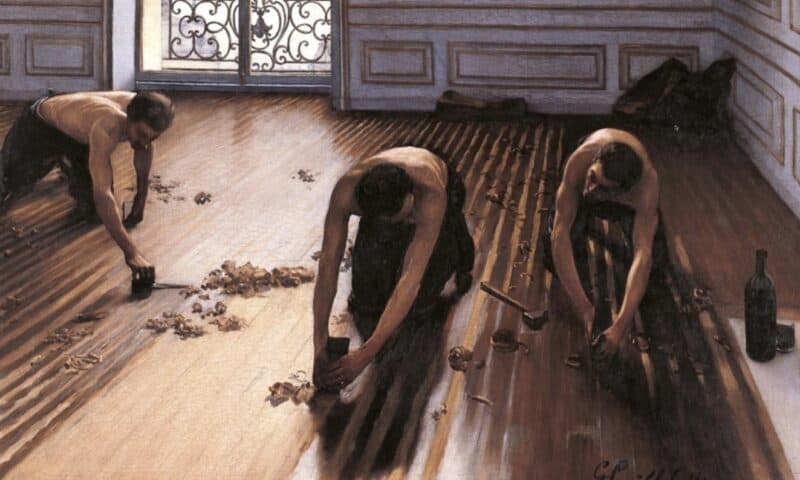 Painting of men refinishing hardwood floor.