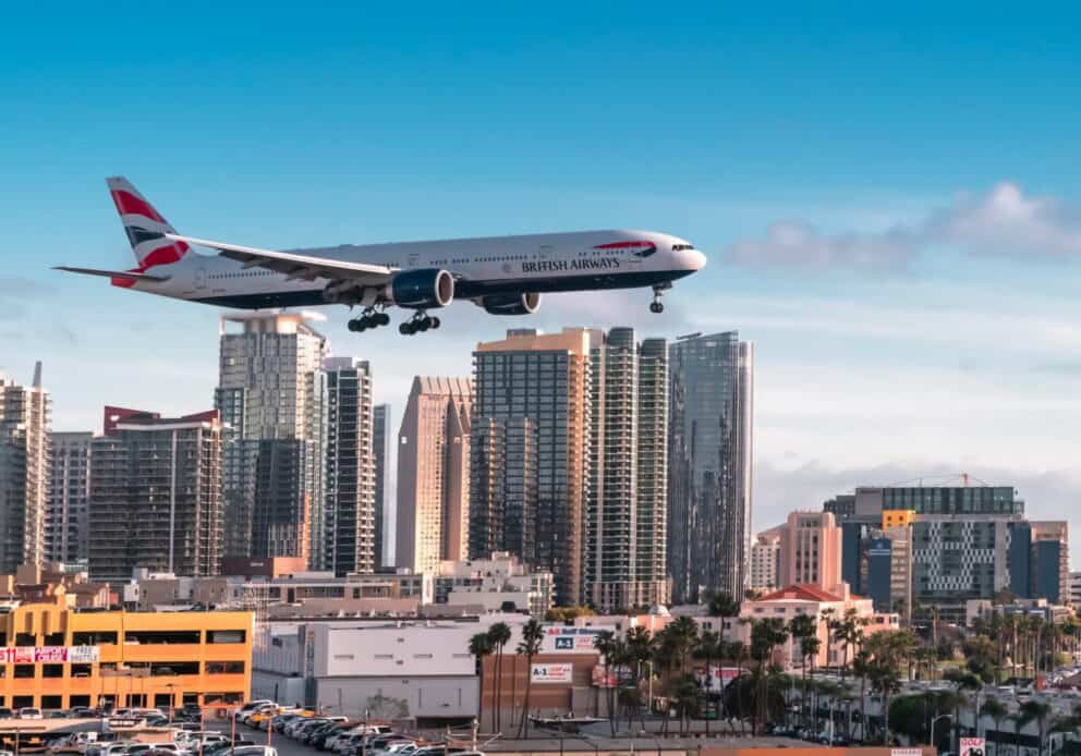Airplane over downtown San Diego